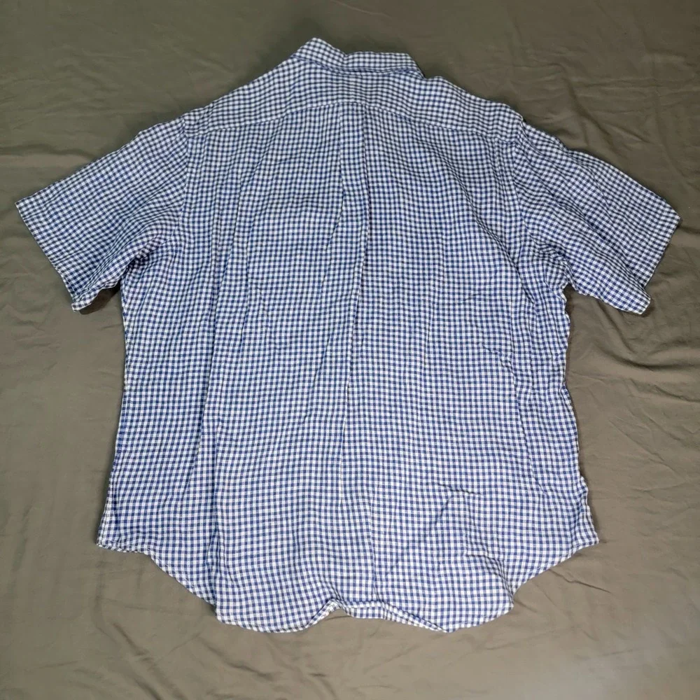 Ralph Lauren Linen Shirt Men's XL Blue Gingham Check Red Pony Short Sleeve